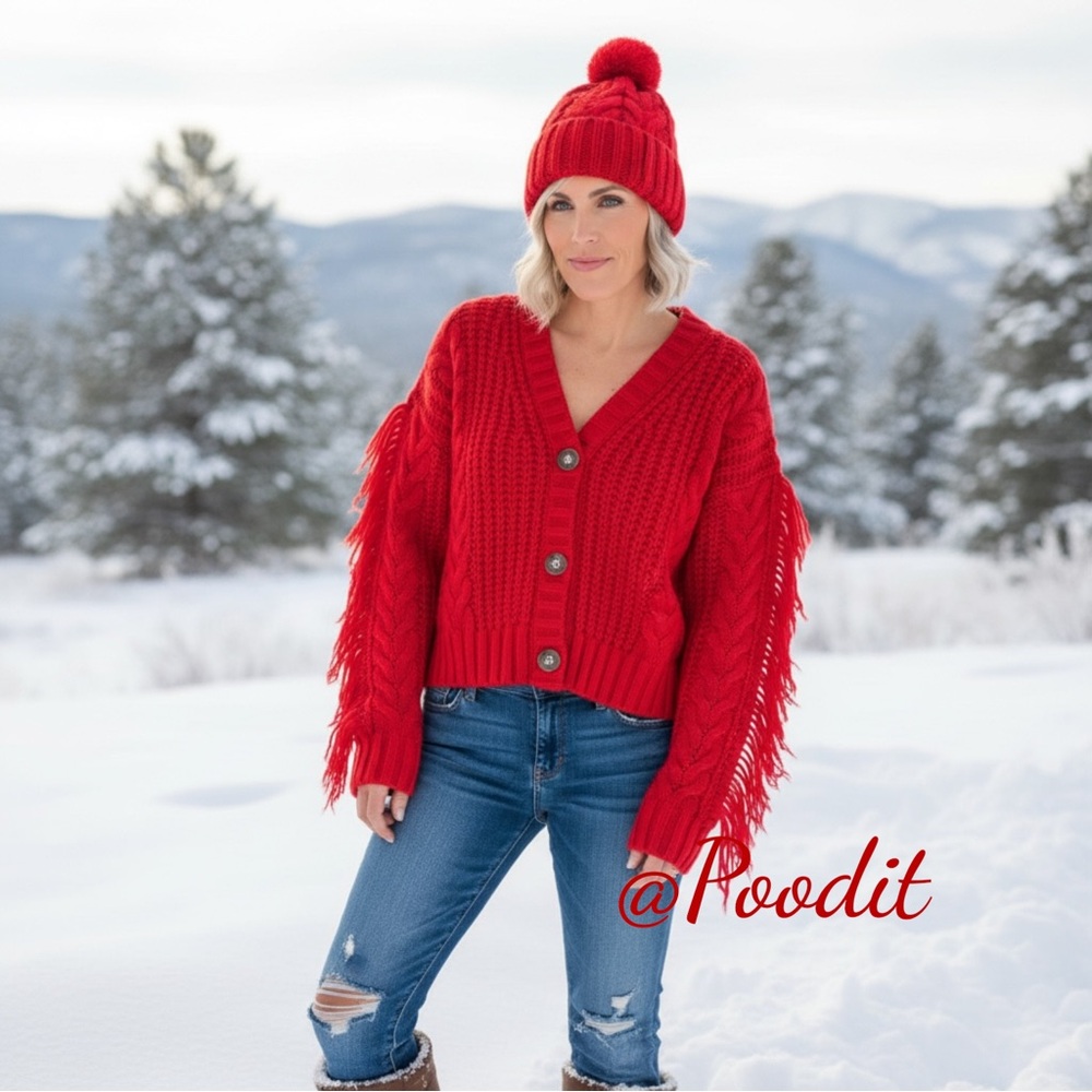 DAY & MOON Red knit fringe sleeve cardigan S M L - Picture 2 of 10